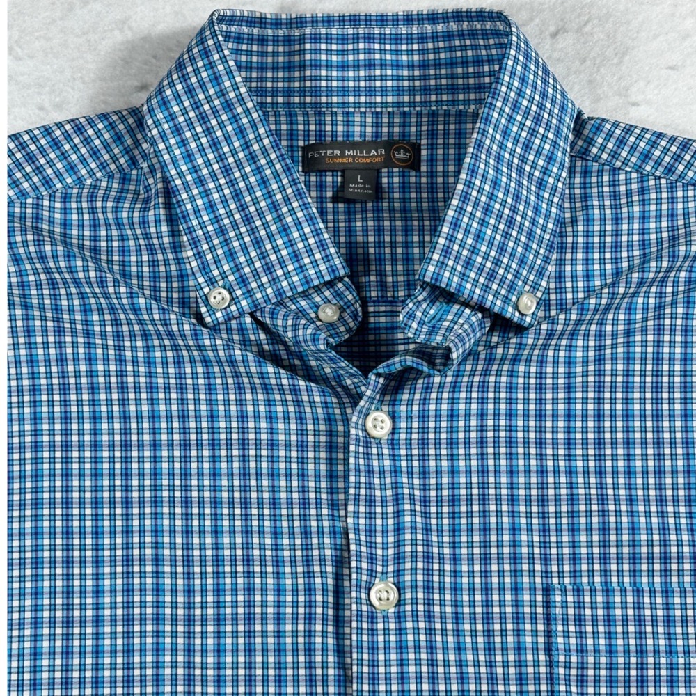 Peter Millar Summer Comfort Men L Blue White Check Performance Button Down Shirt